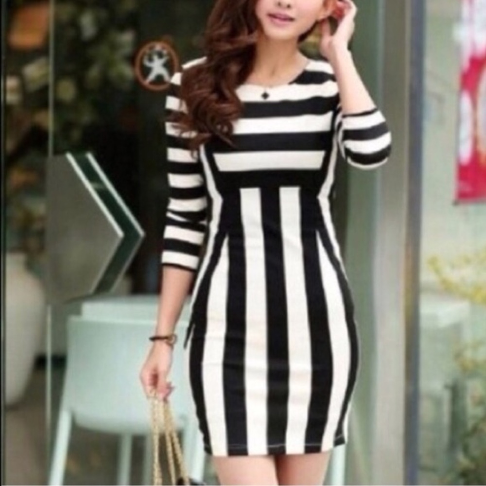 H&M black white striped bodycon dress